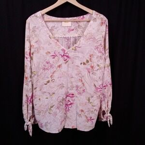 Maeve‎ Anthropologie Womens S Pernille Floral Print Tie Sleeve Blouse Top V Neck
